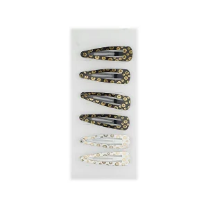 Lot de 6 pinces à cheveux clic clac L 5 cm de 2 couleurs différentes assorties avec motifs soleils en métal
