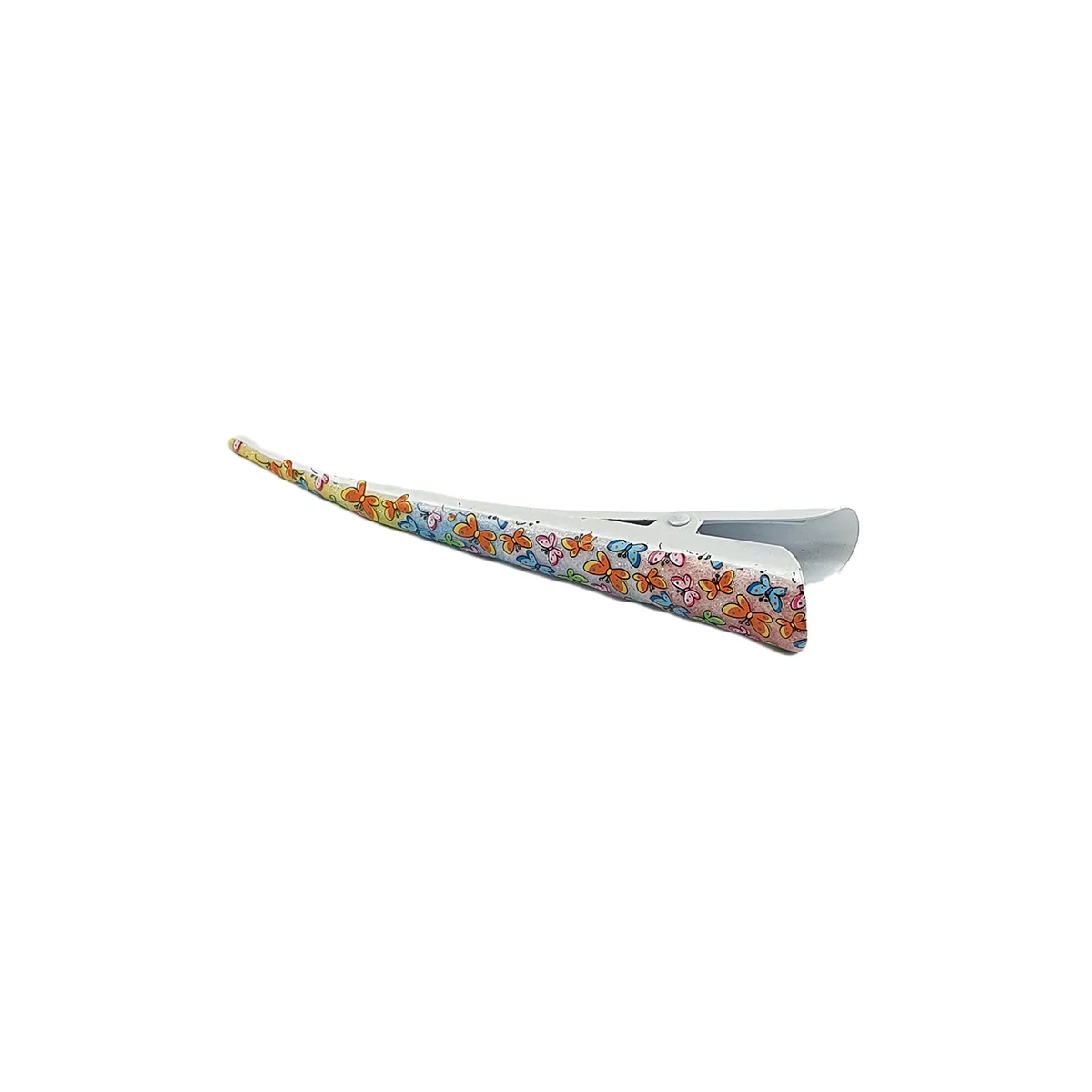 Pince à cheveux bec de canard en métal avec motifs papillons de couleurs différentes sur fond multicolore pailleté L 13 cm – Image 3