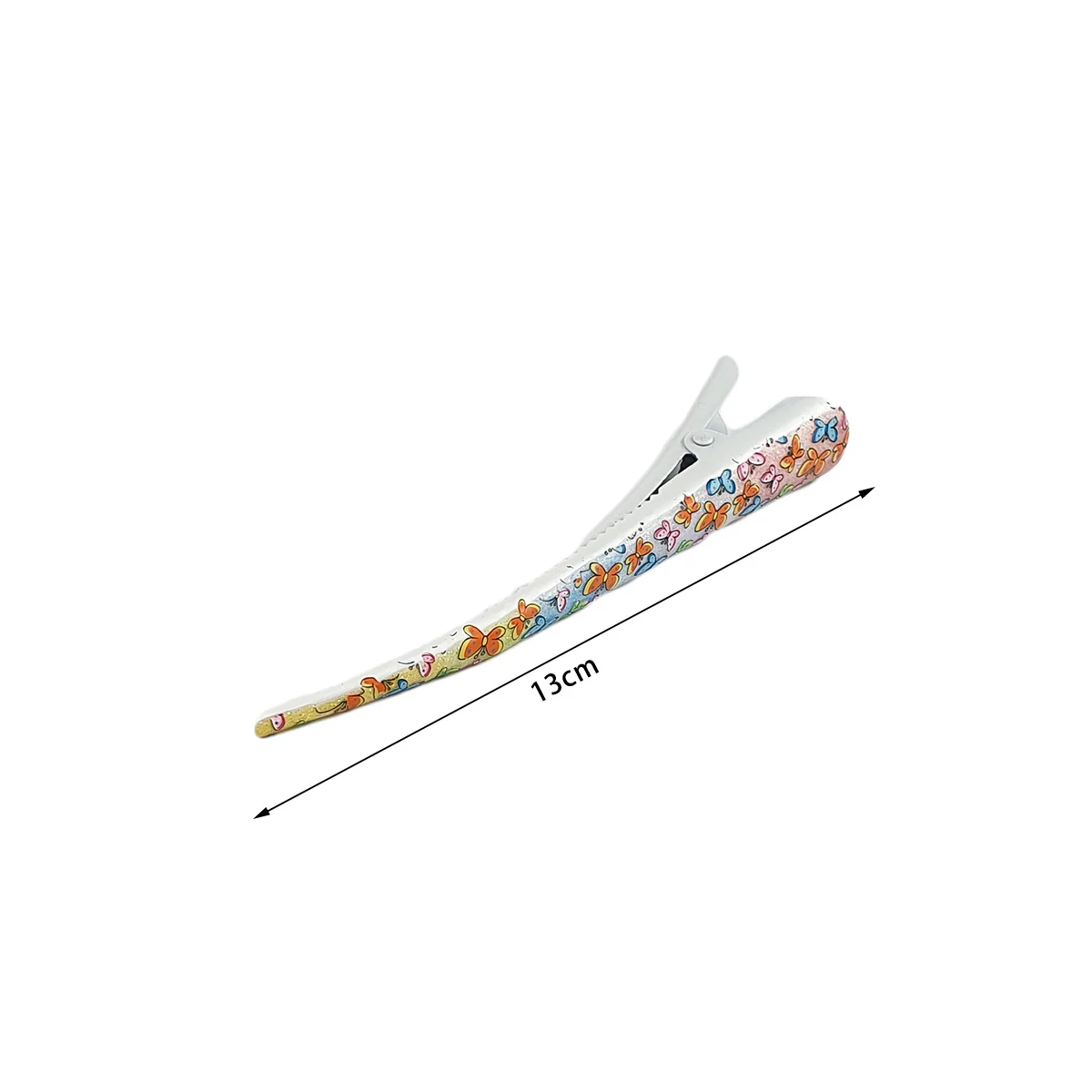 Pince à cheveux bec de canard en métal avec motifs papillons de couleurs différentes sur fond multicolore pailleté L 13 cm – Image 4